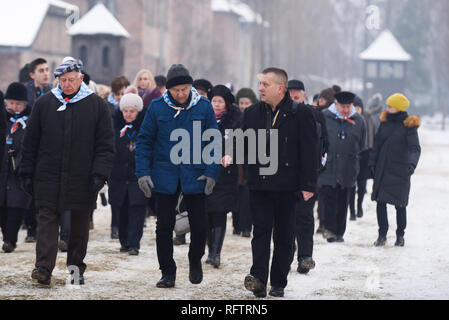 Oswiecim, Polen. 27 Jan, 2019. Auschwitz Überlebenden werden gesehen, um die offizielle Zeremonie an der Nazi-deutschen Vernichtungslagers Auschwitz-Birkenau während dem 74. Jahrestag der Befreiung von Auschwitz teilnehmen. Credit: Omar Marques/SOPA Images/ZUMA Draht/Alamy leben Nachrichten Stockfoto