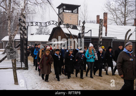 Oswiecim, Polen. 27 Jan, 2019. Auschwitz Überlebenden werden gesehen, überqueren die berühmte Tor an der Nationalsozialistischen Deutschen Vernichtungslagers Auschwitz-Birkenau während dem 74. Jahrestag der Befreiung von Auschwitz. Credit: Omar Marques/SOPA Images/ZUMA Draht/Alamy leben Nachrichten Stockfoto