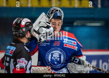 ZAGREB, KROATIEN - 30. Dezember 2018: EBEL Eishockey Liga Match zwischen Medvescak Zagreb und KAC. Hockey goalie. Stockfoto