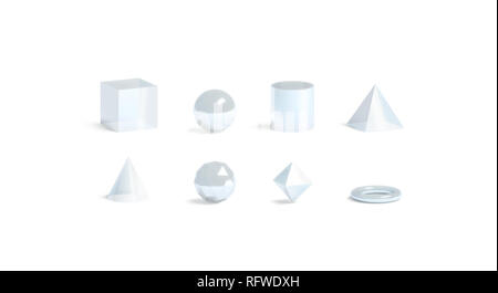 Leeres weißes Glas geometrische Formen Mockup, isoliert, 3D-Rendering. Leere Acryl abstrakte Symbol mock up. Klare Acryl mathe Kugel, Pyramide und Rhombus anhand von quantitativen Simulatio Vorlage. Stockfoto