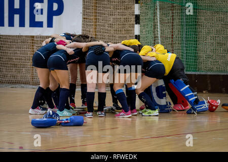 ZELINA, KROATIEN - Januar 20, 2019: Kroatien Indoor Cup 2018. Indoor Hockey Match zwischen Kroatien und Wales. Hockeyspieler Stockfoto