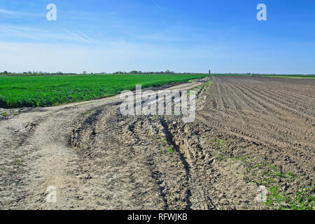 Ländliche alten Traktor weg durch Felder, in denen Sie schwere Maschinen. Stockfoto