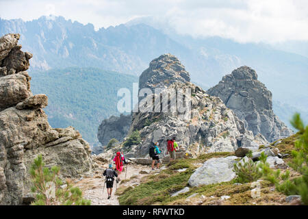 Trekking auf dem GR20 in Korsika in der Nähe der Aiguilles de Bavella wandern in Richtung Zuflucht d'Asinao, Korsika, Frankreich, Mittelmeer, Europa Stockfoto