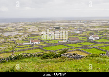 Düster, flache Landschaft der gemauerten Bauernhöfe, Inishmaan, Aran Islands, County Galway, Connacht, Republik Irland, Europa Stockfoto