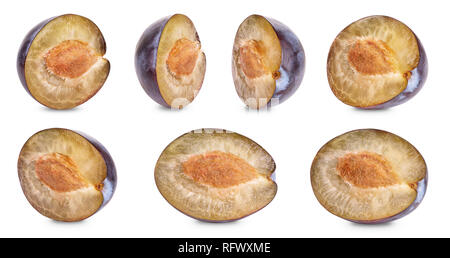 Viele Arten von Position Hälften von reifen Pflaumen mit Stein, Makroaufnahme, Vorder- und Oberseite Stockfoto