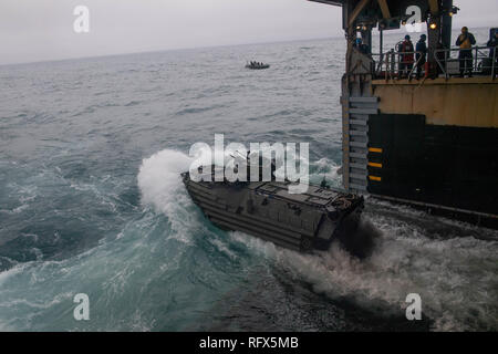 190116-N-HD 110-0084 PAZIFISCHEN OZEAN (Jan. 16, 2019) ein Angriff Amphibienfahrzeug zu Bataillon Landung Team 3 Bataillon angebracht, 5. Marine Regiment, 11 Marine Expeditionary Unit verlässt das gut Deck des Harpers Ferry-Klasse amphibische Landung dock Schiff USS Harpers Ferry (LSD 49), die während einer Übung. Harpers Ferry ist unterwegs die Durchführung von Routineaufgaben als Teil der USS Boxer Amphibious Ready Group (ARG) im östlichen Pazifik. (U.S. Marine Foto von Mass Communication Specialist 3. Klasse Danielle A. Baker) Stockfoto