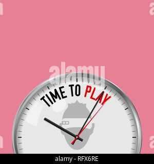 Zeit Zeit zu spielen. Weiß Vektor Uhr mit Motivations Slogan. Analog Metall mit Glas. Vector Illustration isoliert auf einfarbigen Hintergrund. Stock Vektor