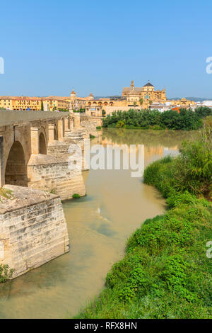 Puente Romano (Römische Brücke) entlang des Guadalquivir-Flusses mit Mezquita Kathedrale im Hintergrund, Cordoba, UNESCO-Weltkulturerbe, Andalusien, Spanien Stockfoto