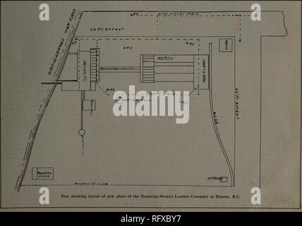 . Kanadische Forstindustrie Juli-Dezember 1915. Holzschlag; Wälder und Forstwirtschaft; Wald; Wald - zellstoffindustrie; Holz verarbeitenden Industrien. Dezember 15, 1915 KANADA LUMBERMAN UND WOODWORKER SI Huntting-Mcrritt des Unternehmens neue Schindel Anlage Die Huntting-Merritt Lumber Company, Limited, wieder neu errichtet, eine der modernsten Schindel Mühlen in British Columbia, Am nördlichen Arm des Fraser Fünfer, ca. 1,6 km westlich der Stadt Eburne. Die Abbildung zeigt das Layout der Anlage. Die Mühle Gebäude eine Website 500 x 400 ft besetzen., letztere Zahl mit der waterfrontage Stockfoto