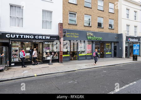 London, Großbritannien - 12 September 2018: Nachbarschaft lokalen Speicher wenig Waitrose upscale teuer grünes Schild Einkaufen storefront Fassade außen ent Stockfoto