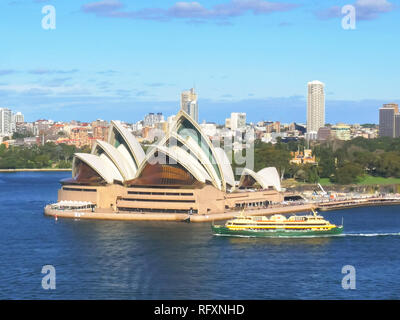 Der Manly Fähre segeln vorbei an der Sydney Opera House von der Brücke aus gesehen Stockfoto