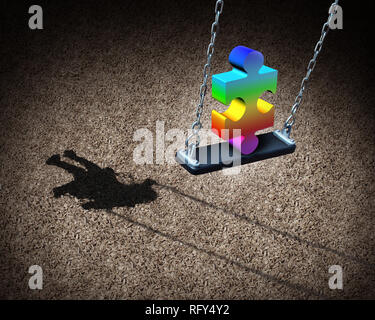 Kindheit autism Entwicklungsstörung Rätsel als Kinder Symbol oder ein autistisches Kind Bewußtsein Symbol wie ein Puzzlestück in einen Spielplatz. Stockfoto