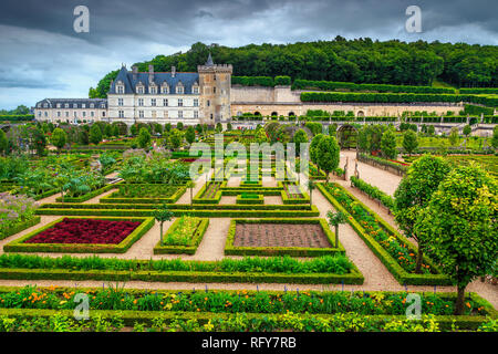 Super Ausflugsziel, prächtige berühmten Schloss Villandry, bunte ornamentale Garten mit Blumen und Gemüse, Loire Tal, Frankreich, Europ. Stockfoto