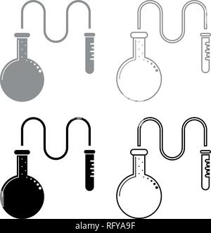 Öl Destillierkolben für chemische Reagenzien mit Reagenzglas mit einem dünnen Schlauch chemische Reaktion Konzept Symbol grau schwarz Vektor I Stock Vektor