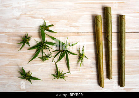 Marihuana Pflanze mit Knospen und gemeinsame auf einem Holztisch Stockfoto