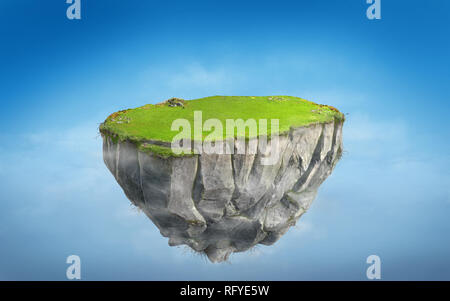 3D Fantasy schwimmende Insel mit grünem Gras Land am blauen Himmel, surreale float Rock Mountain mit dem Paradies Konzept 3D-Bild Stockfoto