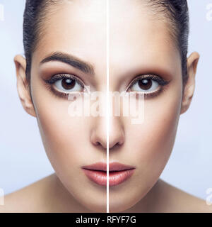 Vor und nach der Augenbrauen Behandlung. Closeup Hälfte Portrait von schöne Brünette Frau mit Augenbrauen und ohne Kamera schaut. indoor Studio sho Stockfoto