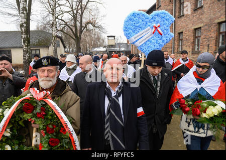 Piotr Rybak, Leiter der polnischen Unabhängigkeitsbewegung Association und ganz rechts Aktivist gesehen an einer weit rechts Gedenkmarsch Hommagen an die Polen, die an der ehemaligen NS-deutschen Vernichtungslagers Auschwitz-Birkenau während dem 74. Jahrestag der Befreiung von Auschwitz getötet wurden, zu zahlen. Im November 2015, Piotr Rybak verbrannt eine Marionette in Form eines orthodoxen Juden während einer weit rechts propest in Breslau. Stockfoto