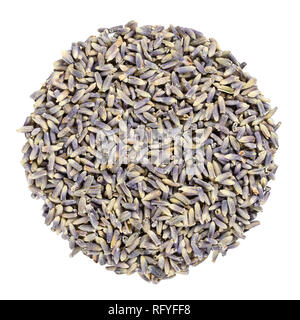 Getrocknetem lavendel Blüten, Kraut Kreis von oben, isoliert, über Weiß. Disc aus Lavandula angustifolia, mit lila Blumen, als Kraut verwendet. Stockfoto