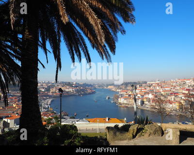 Blick auf den Fluss Douro und Cais de Ribeira von Jardim do Morro - Porto - Portugal Stockfoto