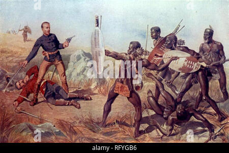 Lts Melvill und Coghill von Zulu Krieger angegriffen. Schlacht von Isandlwana Stockfoto