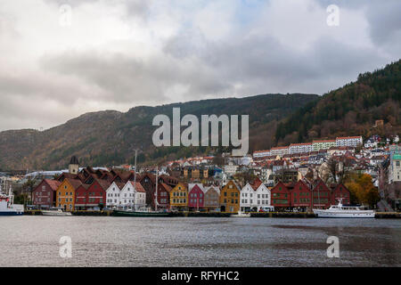 Alte Lagerhäuser in Bryggen, Bergen, Hordaland, Norwegen Stockfoto