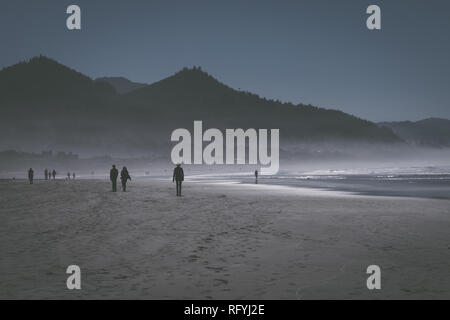 Der Ozean Nebel tritt bei Sonnenuntergang in Cannon Beach, Oregon, USA. Stockfoto