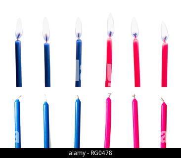 Blau und Rosa Geburtstag Kerzen an und aus Stockfoto