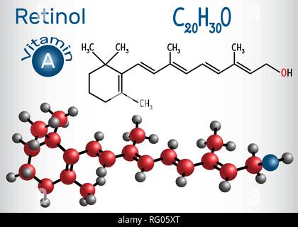 Retinol, Vitamin A, ist in Essen und als Nahrungsergänzung. Strukturelle chemische Formel und Molekül-Modell. Vector Illustration Stock Vektor