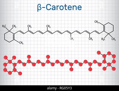 Beta-carotin, Provitamin A, ist eine organische rot-orange Pigment in Pflanzen und Früchte. Strukturelle chemische Formel und Molekül-Modell. Blatt Papier Stock Vektor