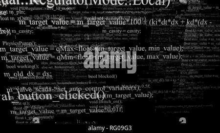 Software Source Code. Schichten von Programmcode auf schwarzem Hintergrund Stockfoto