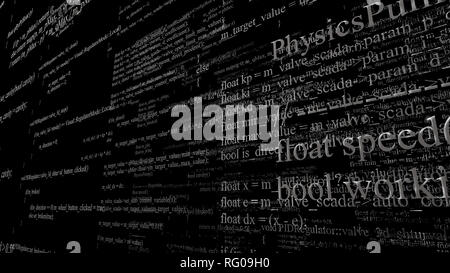 Software Source Code. Schichten von Programmcode auf schwarzem Hintergrund Stockfoto