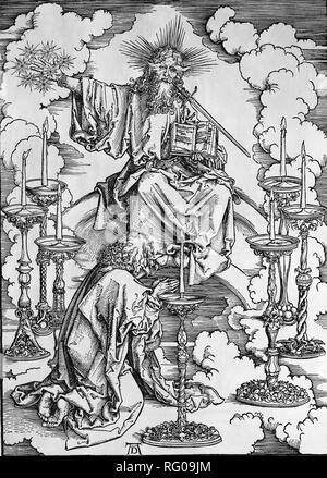 St. John Vision von Christus und die 7 Kerzenhalter. Apokalypse. Holzschnitt von Albrecht Dürer. 1498 Stockfoto