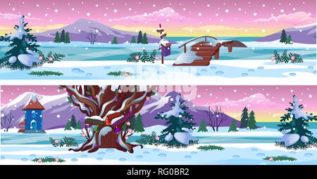 Eingestellt von Plakaten mit wunderschönen Winterlandschaft und Schneefall. Vektor cartoon Close-up Abbildung. Stock Vektor