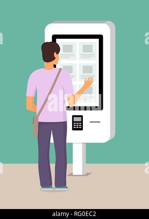 Mann mit SB-und Informationen elektronische Terminal mit Touchscreen. Vector Illustration im flachen Stil Stock Vektor