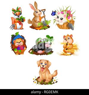 Der niedliche Tiere und Ernte reifer Früchte und Gemüse auf weißem Hintergrund. Vektor cartoon Close-up Abbildung. Stock Vektor