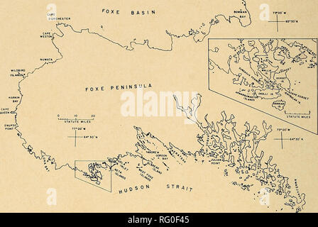 . Die kanadische Feld - naturforscher. 64 Die kanadische Field-Naturalist Vol. 73. Abbildung 1. Karte des südwestlichen Baffin Island, N.w.t. von früheren Arbeiten, Beschreibungen der Gegend und Bibliographien. Die Namen der Arten, deren Vorkommen in der Region nicht erwiesen ist, sind sur-von eckigen Klammern abgerundet. Lokale und Eskimo Ortsnamen sind enthalten, wenn nützlich angesehen, sind aber von der anerkannten Namen ergänzt, falls vorhanden. Die Eskimo Bezeichnung jeder Art in Dorset ist in Klammern nach dem Taxonomischen Namen platziert. Für eine Anleitung zur Aussprache siehe Thibert (1954), dessen System von spelli Stockfoto