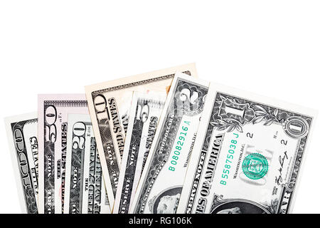 1, 2, 5, 10, 20, 50, 100 - alle US-Dollarnoten, close-up für Ihr einzigartiges Projekt isoliert. Stockfoto