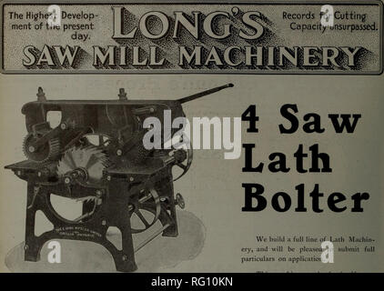 . Kanadische Forstindustrie 1910. Holzschlag; Wälder und Forstwirtschaft; Wald; Wald - zellstoffindustrie; Holz verarbeitenden Industrien. 58 KANADA LUMBERMAN UND WOODWORKER 4 gesehen. Bautafeln Bolter wir eine volle Linie der Latte Machin bauen, und wird sich freuen, vollständige Angaben auf Antrag zu unterbreiten. Diese Maschine, die für sich selbst spricht. Verbesserte Hot Blast Gitter Dies ist die neueste Produktion, die in der Linie der Heißen Blast Gitter. Mit diesem Gitter die Blast distri - buted ist gleichmäßig über die gesamte Fläche des Gitters, so dass, wenn Sägemehl als Brennstoff verwendet wird, kann es kaum noch Aufmerksamkeit, als er gleichmäßig verbraucht. Stockfoto