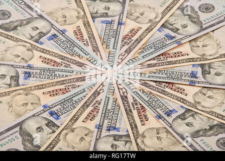 Mandala Kaleidoskop von Geld. Abstrakte Geld Hintergrund raster Muster wiederholen Mandala Kreis. Stockfoto