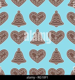 Nahtlose Muster mit Lebkuchen Glocken und Herzen. Urlaub Hintergrund. Design für Banner, Poster-, Textil-, drucken. Stock Vektor