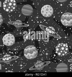 Nahtlose Muster monochrome Planeten und anderen Objekten im Weltraum auf schwarzem Hintergrund Stock Vektor