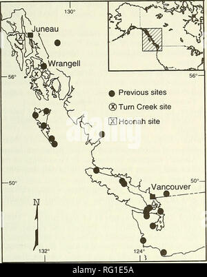 . Die kanadische Feld - naturforscher. 1996 Parker und Kochen: Scharf's Langohr im südöstlichen Alaska 613. Abbildung 1. Lokalität Aufzeichnungen von Myotis keenii im pazifischen Nordwesten. Aus Daten von van Zyll de Jong und Nagorsen (1994). Bereiche, in British Columbia, Washington und Oregon (Barclay und Cash 1985; Lunde und Harestad 1986; Thomas 1988; Christy und West 1993; Bradshaw in der Presse; Vonhof in der Presse), sowie im Südosten Alaska (Parker et al. in press). Höhlen und Spalten sind auch wichtige bat Habitat (Hill und Smith 1984) und über 1769 km^ der Höhle und Spalt - mit Karst Stockfoto