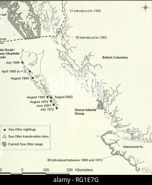 . Die kanadische Feld - naturforscher. 2004 Anhang 271 f51 in Southeast Alaska International 1965 "Begrenzung" Haida Gwaii/Queen Charlotte Islands 55 eingeführt 1965 British Columbia Juli 1999 April 1980 (n=2) August 1994 100 eingeführt. August 1990&gt; ig August 2002 August 1976 Juni 2001 Juli 1972 - Gans Inseln Gruppe • Sea Otter Sichtungen ein Sea Otter Translokation Sites ^ Aktuelle Sea Otter Bereich 89 zwischen 1969 und 1972 100 200 Kilometer 134° 132° 130° 128° 126° Abbildung 1 eingeführt. Sichtungen von Seeottern um Haida Gwaii/Queen Charlotte Islands, Positionen der Sea Otter tra Stockfoto