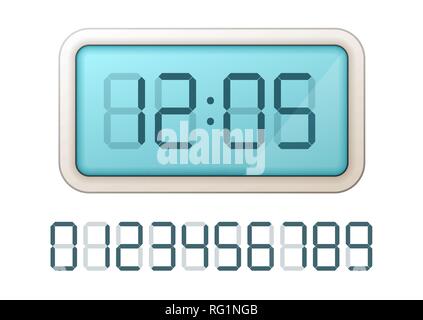 Blau digitale Anzeige der Uhr mit Retro elektronische Nummern isoliert auf weißem Stock Vektor