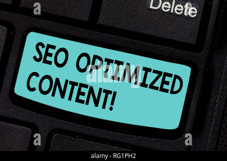 Konzeptionelle Handschrift mit Seo optimierten Inhalt. Business Foto präsentiert die Website Seiten attraktiv für die Motoren, die Taste auf der Tastatur Absicht suchen Stockfoto