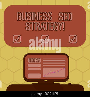 Wort schreiben Text Business SEO-Strategie. Das Konzept für die Optimierung der Website, die Anzahl der Besuche montiert Bildschirm mit der Zeile G steigen Stockfoto