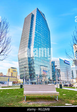 Mailand, Italien - 30. Dezember 2018. Diamond Tower in Porta Nuova Business District. Blick von der Piazza San Gioachimo Square. Mailand, Lombardei, Italien. Stockfoto