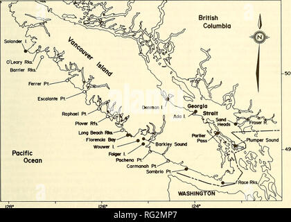 . Die kanadische Feld - naturforscher. 1988 Bigg: Status der California Sea Lion 309. Ich 28 "126" Abbildung 2. Geografischen Standorten der wichtigsten haulout und Rafting Sites verwendet von Kalifornischen Seelöwen (•) Vancouver Island, und Websites verwendet nur von Steller Seelöwen (O)., Long Beach Rocks, Regenpfeifer Riffe, Raphael, Escalante, Ferrer Punkt., Barrie Felsen, und O'Leary Felsen (Abbildung 2). Diese Websites sind in der Regel durch 50-250 Steller Seelöwen im Winter besetzt. Kalifornische Seelöwen erschien Aufstellungsorte, die direkt mit der ozeanischen schwillt ausgesetzt sind, zu vermeiden. Großen swells treten nicht aus southe Stockfoto