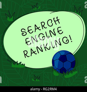 Handschrift Text Search Engine Ranking. Begriff Sinne Rang, an welchem Standort in der Suchmaschine Abfrage Fußball wird auf dem Gras und Leere Outli Stockfoto
